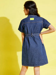 Girls Blue Front Button Denim Shirt Dress-NVDRSS10841-8