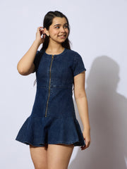 Girls Blue Denim Front Zipper Short Dress-NVDRSS12843