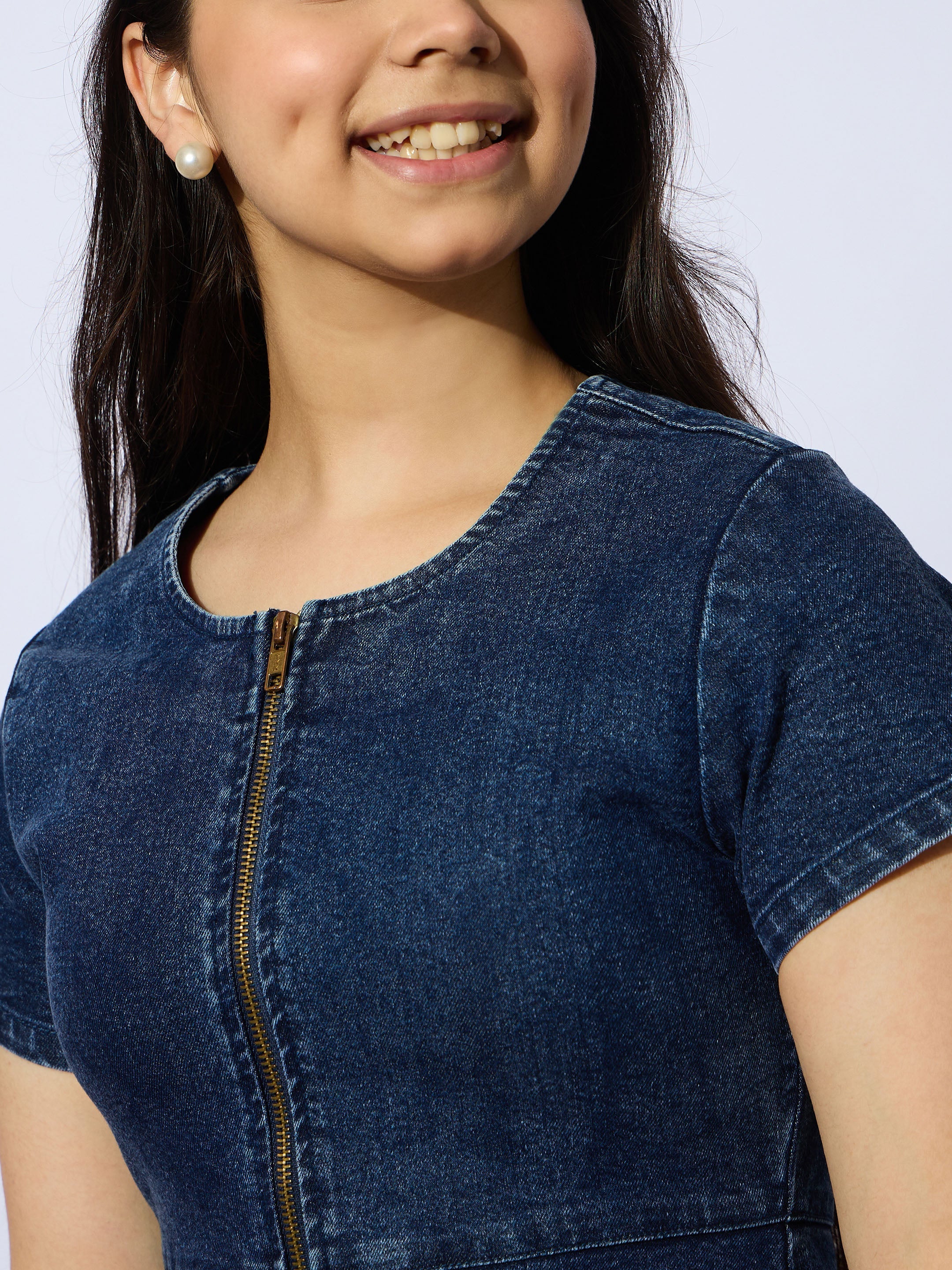 Girls Blue Denim Front Zipper Short Dress-NVDRSS12843