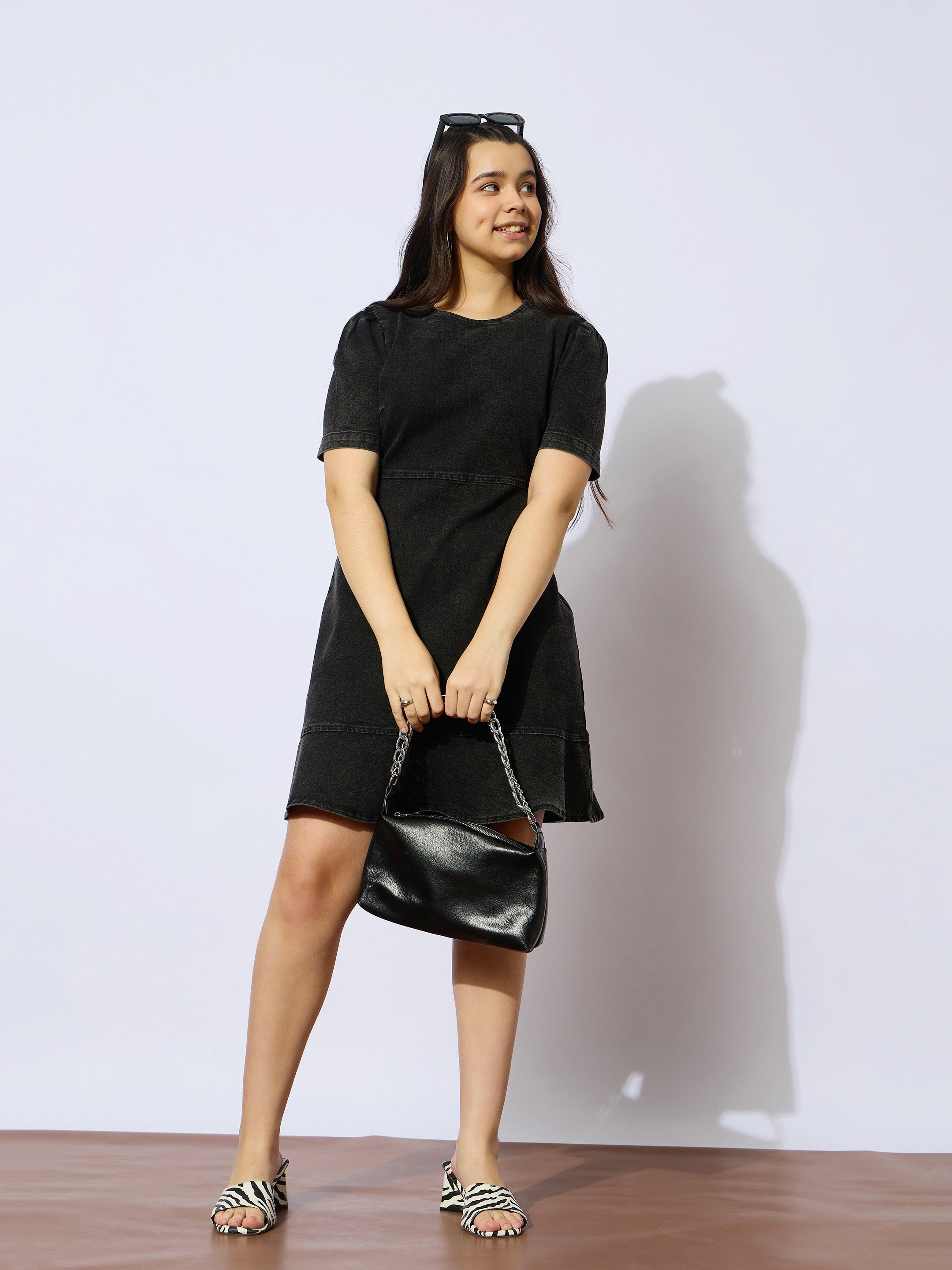 Girls Black Wash Denim Flared Hem Short Dress-NVDRSS12845