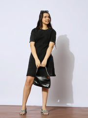 Girls Black Wash Denim Flared Hem Short Dress-NVDRSS12845