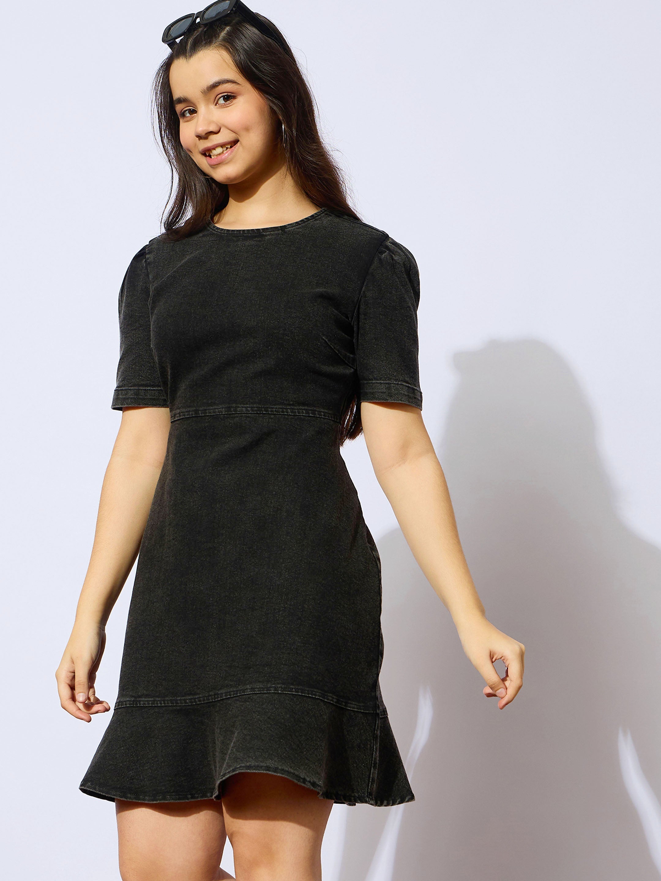 Girls Black Wash Denim Flared Hem Short Dress-NVDRSS12845