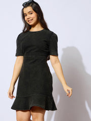 Girls Black Wash Denim Flared Hem Short Dress-NVDRSS12845