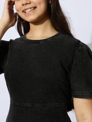 Girls Black Wash Denim Flared Hem Short Dress-NVDRSS12845