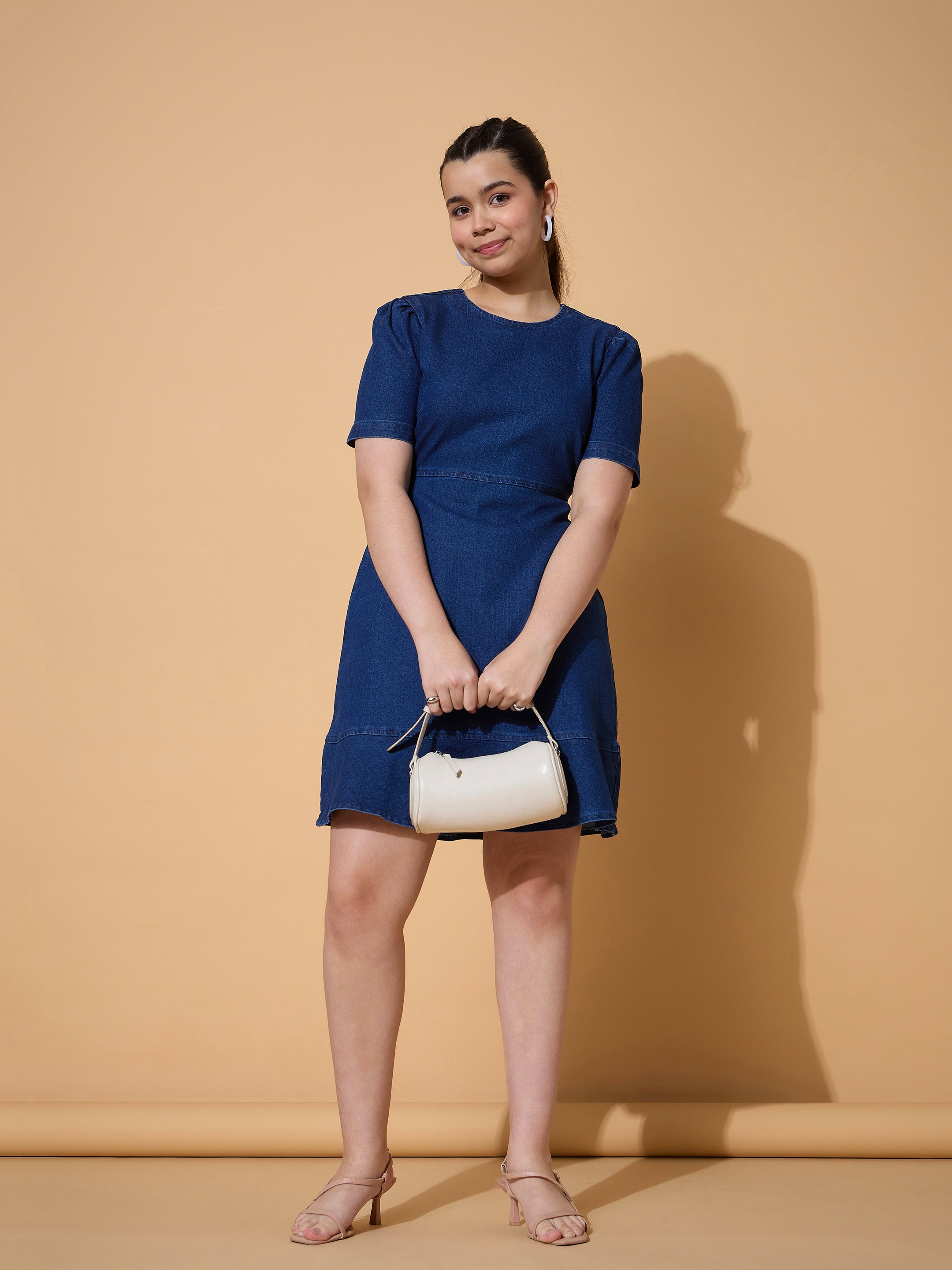 Girls Navy Denim Flared Hem Short Dress-NVDRSS12846