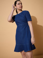 Girls Navy Denim Flared Hem Short Dress-NVDRSS12846
