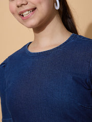 Girls Navy Denim Flared Hem Short Dress-NVDRSS12846