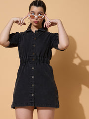 Girls Black Wash Denim A Line Shirt Dress-NVDRSS12847