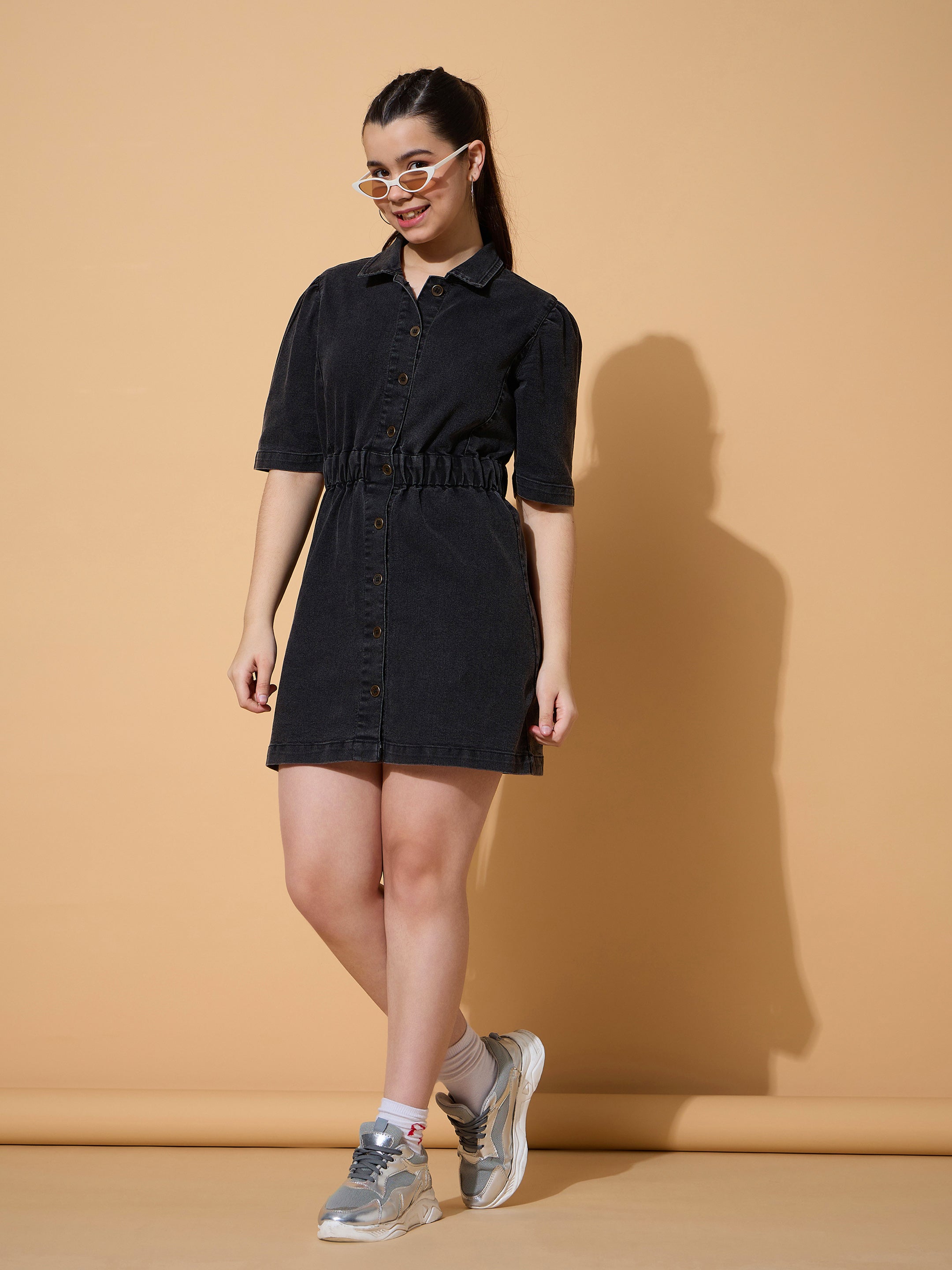 Girls Black Wash Denim A Line Shirt Dress-NVDRSS12847