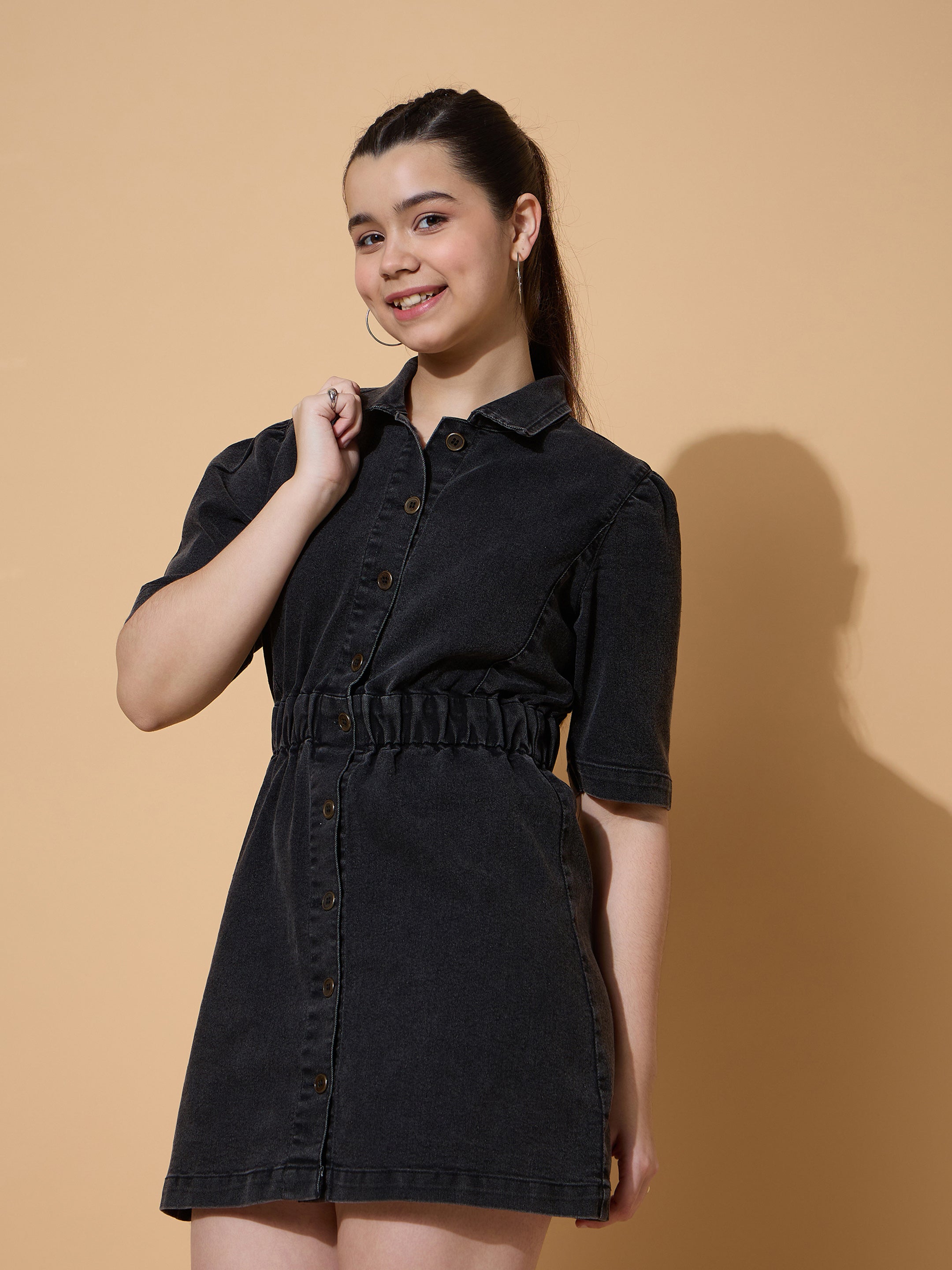 Girls Black Wash Denim A Line Shirt Dress-NVDRSS12847