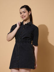 Girls Black Wash Denim A Line Shirt Dress-NVDRSS12847