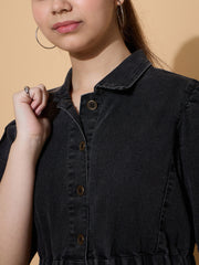 Girls Black Wash Denim A Line Shirt Dress-NVDRSS12847