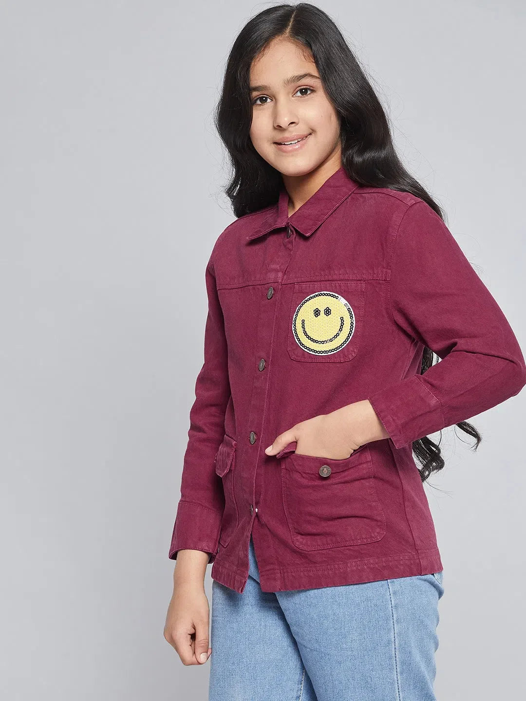 Burgundy SMILEY Patch Denim Jacket - Girls Jeans & Kids Clothing