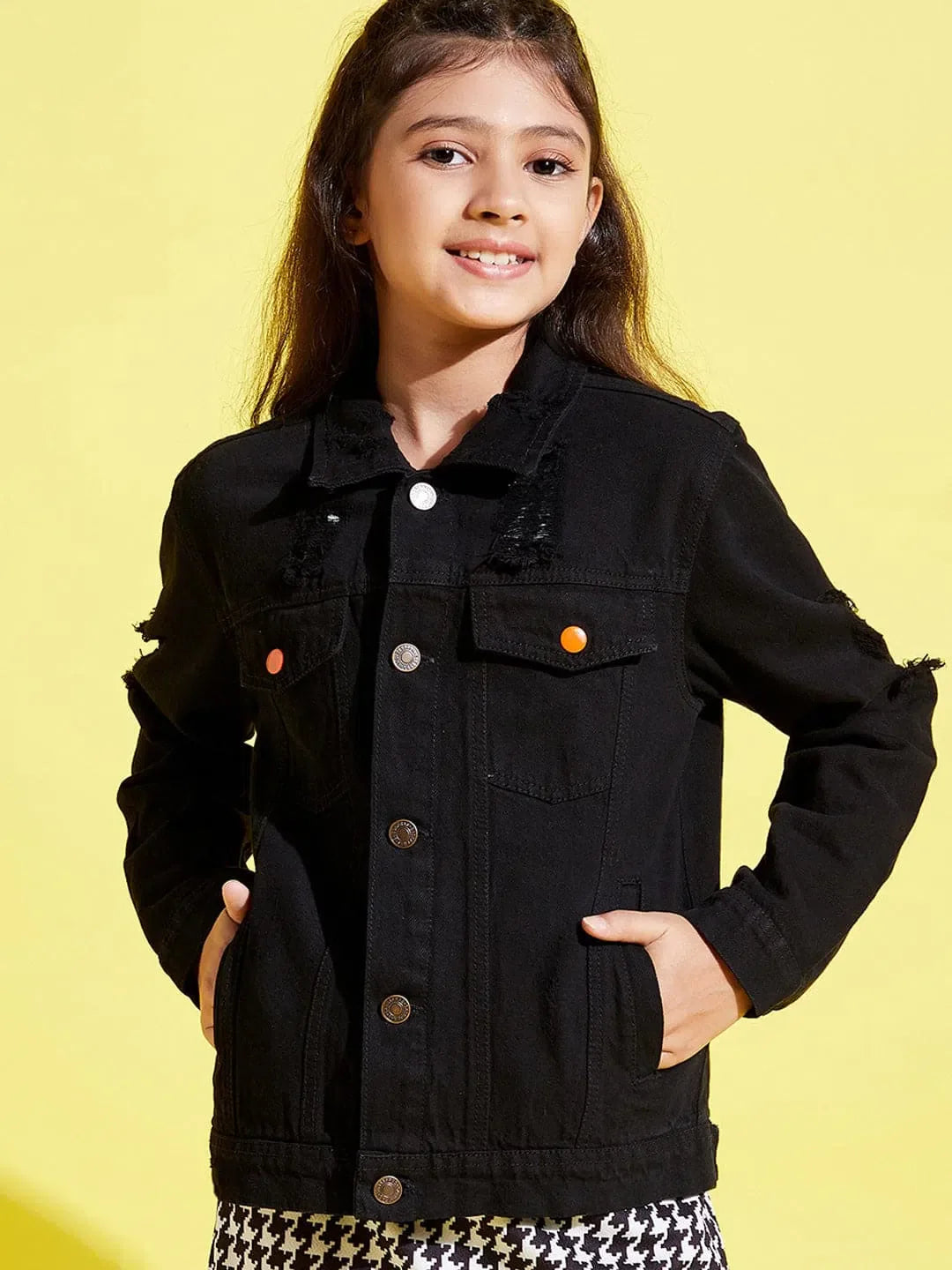 Girls Black Denim Jacket - Distressed Neon Kids Clothing