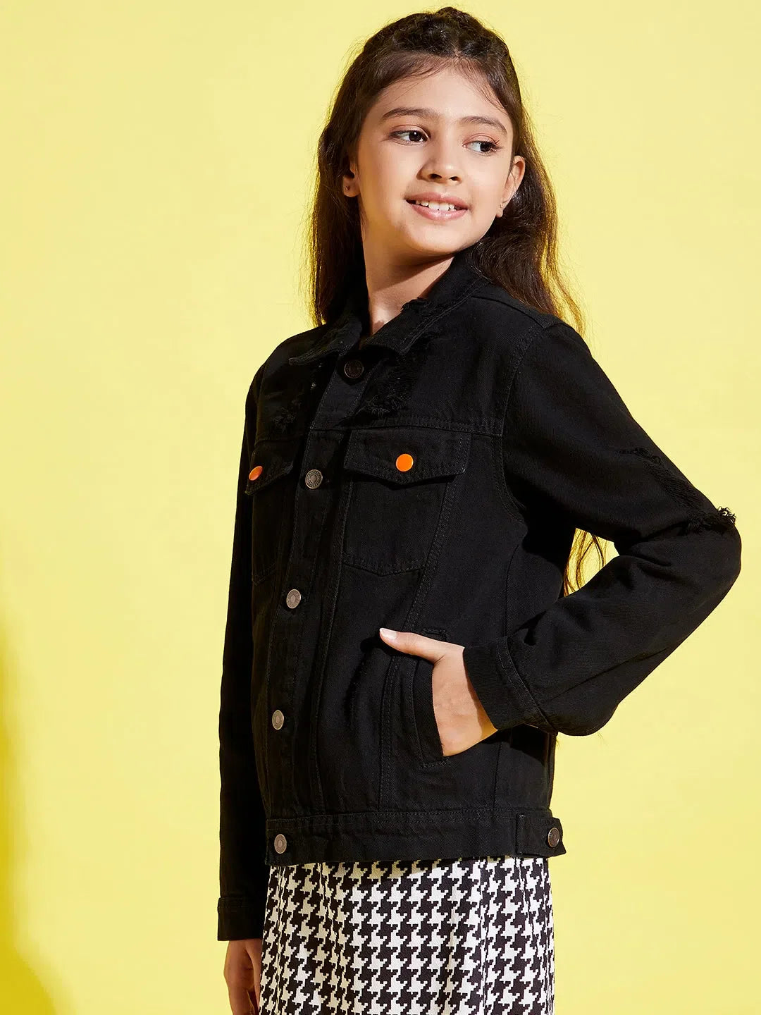 Girls Black Denim Jacket - Distressed Neon Kids Clothing