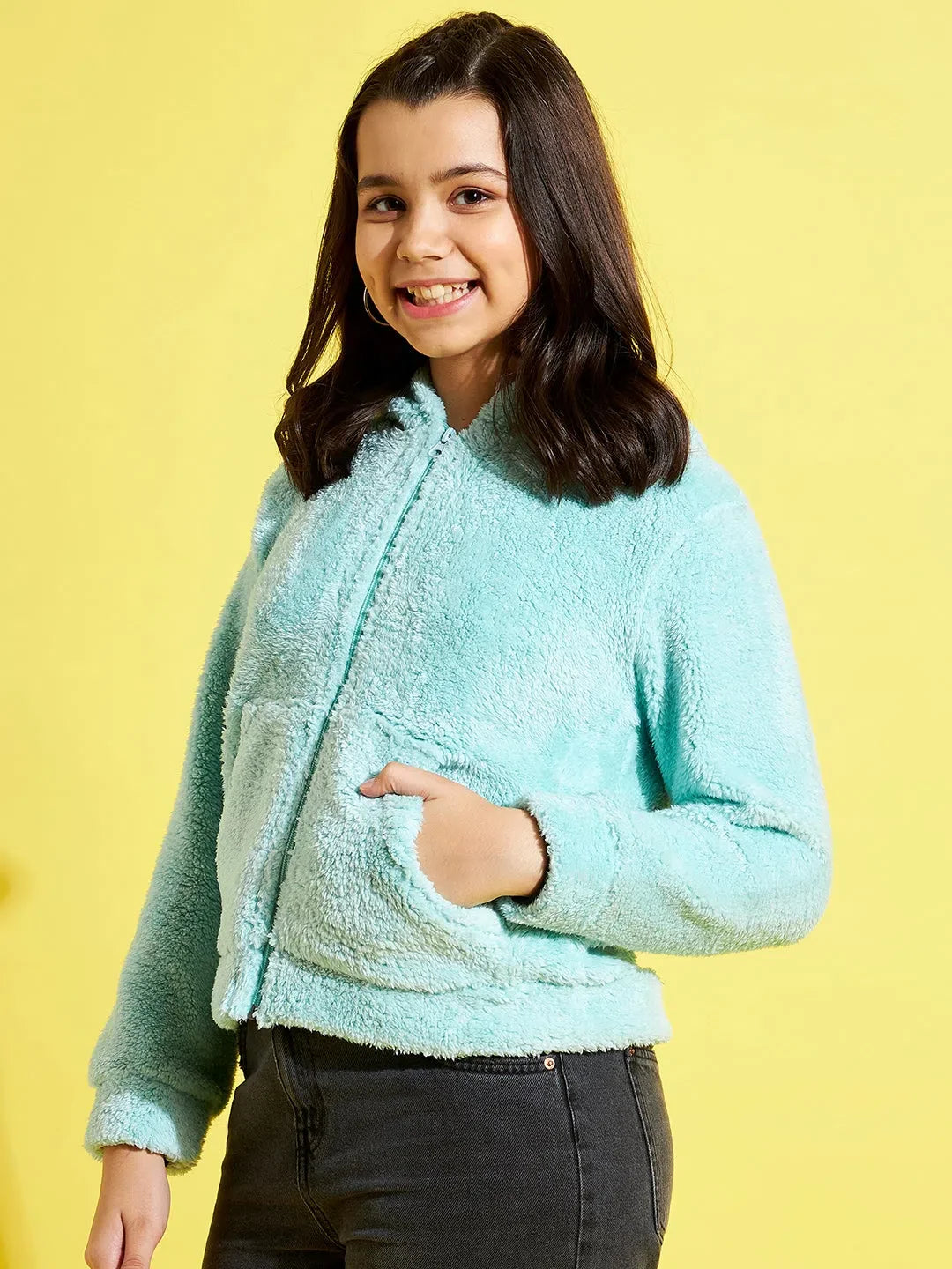 Girls Blue Fur Hoodie Jacket - Kids Clothing with Front Pockets