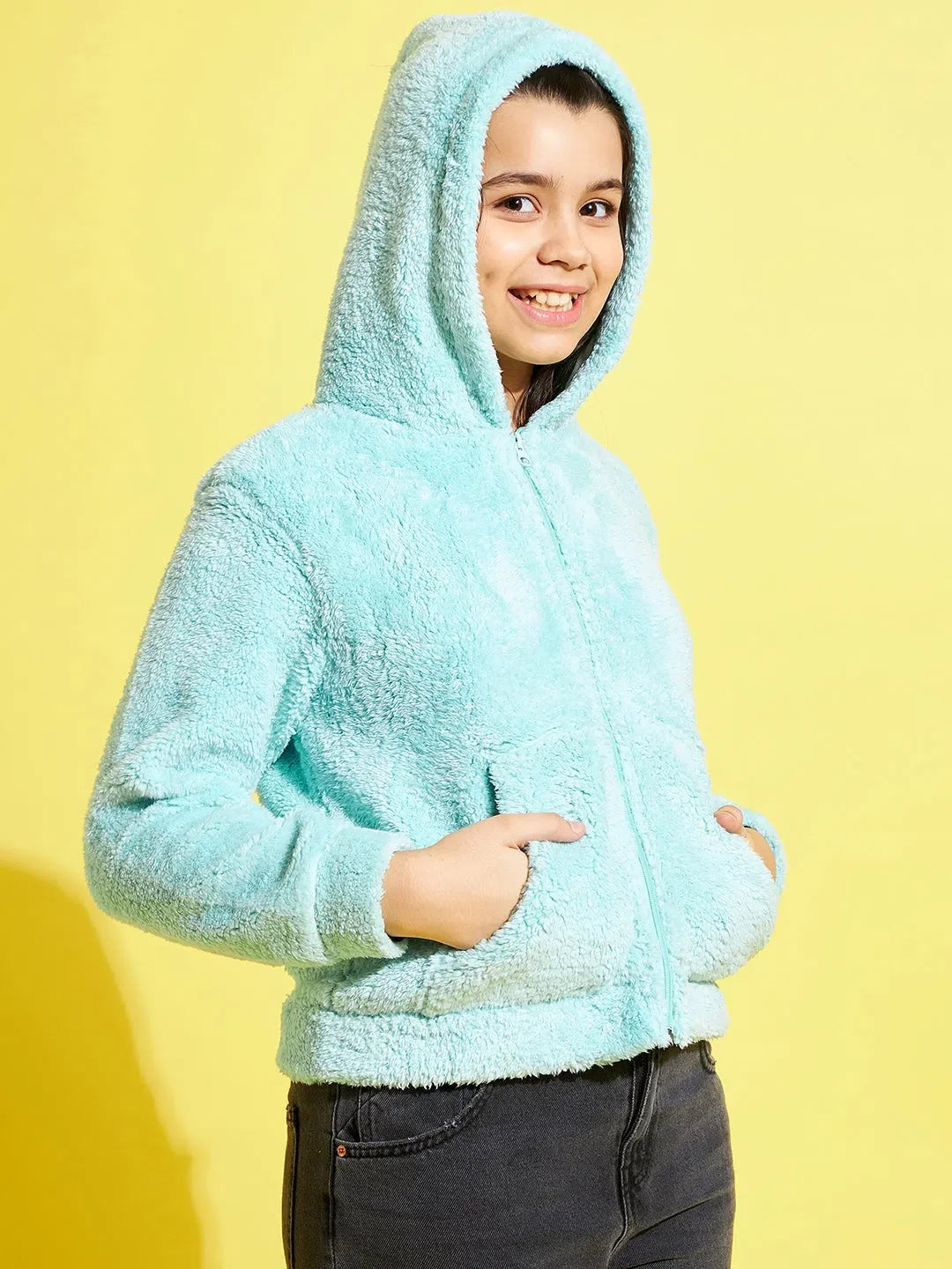 Girls Blue Fur Hoodie Jacket - Kids Clothing with Front Pockets