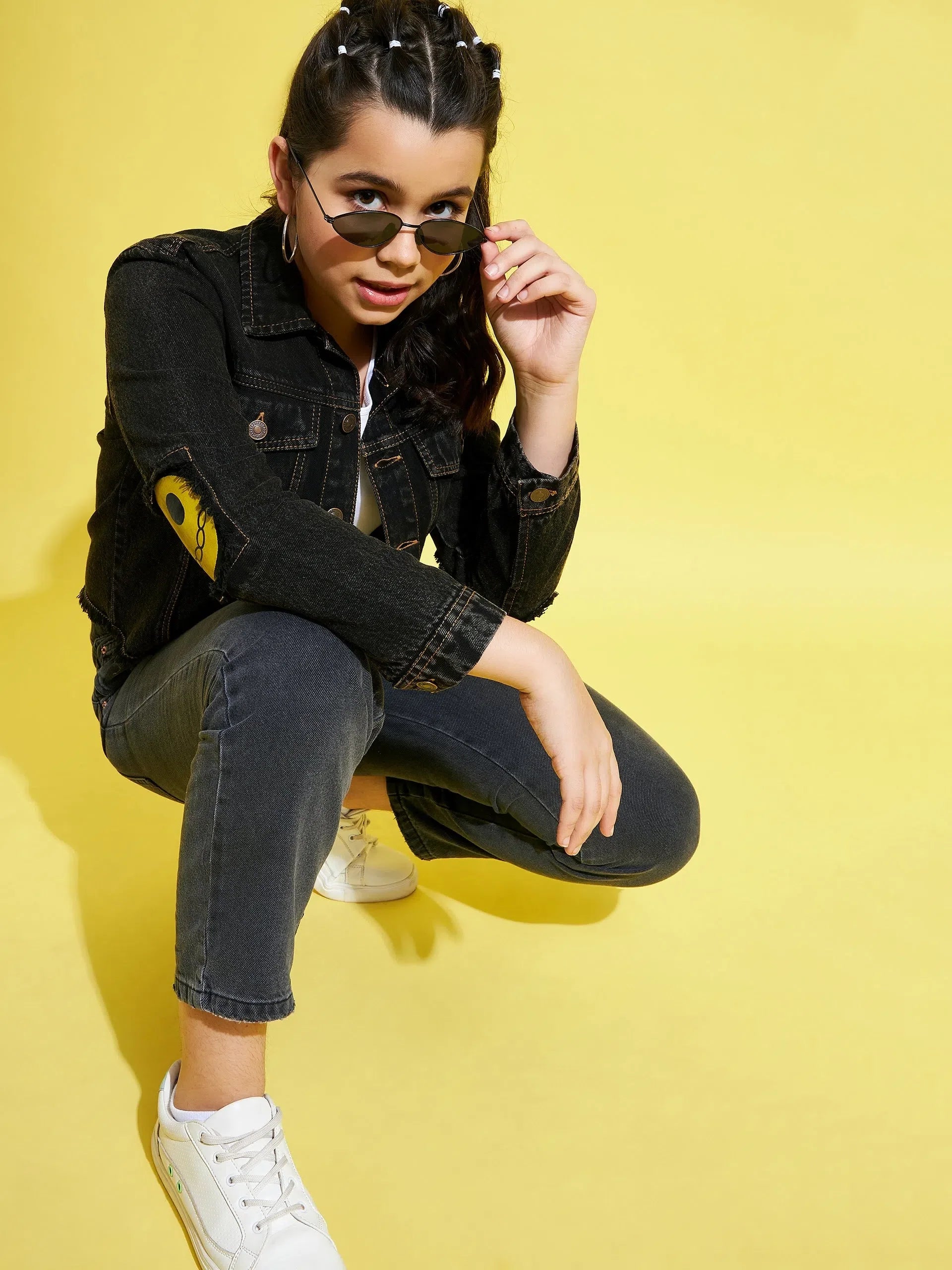 Girls Denim Jacket - Black Smiley Patch Kids Clothing