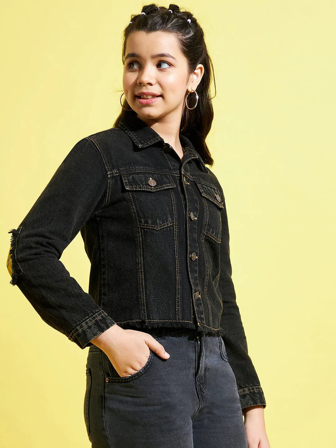 Girls Denim Jacket - Black Smiley Patch Kids Clothing