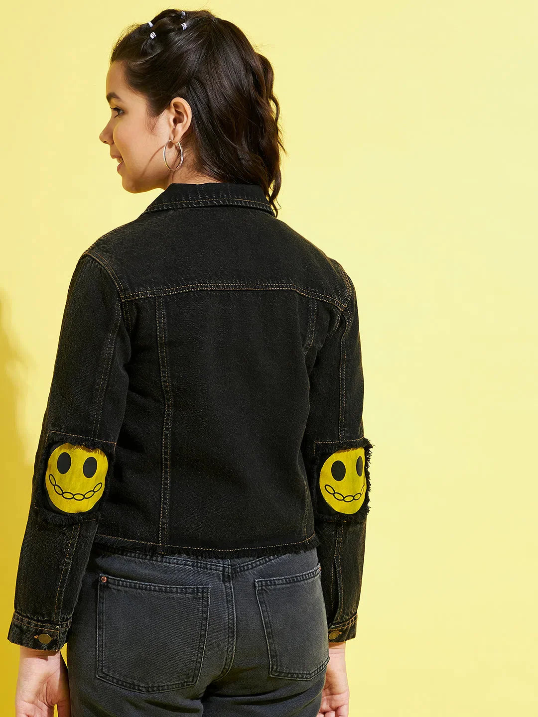 Girls Denim Jacket - Black Smiley Patch Kids Clothing