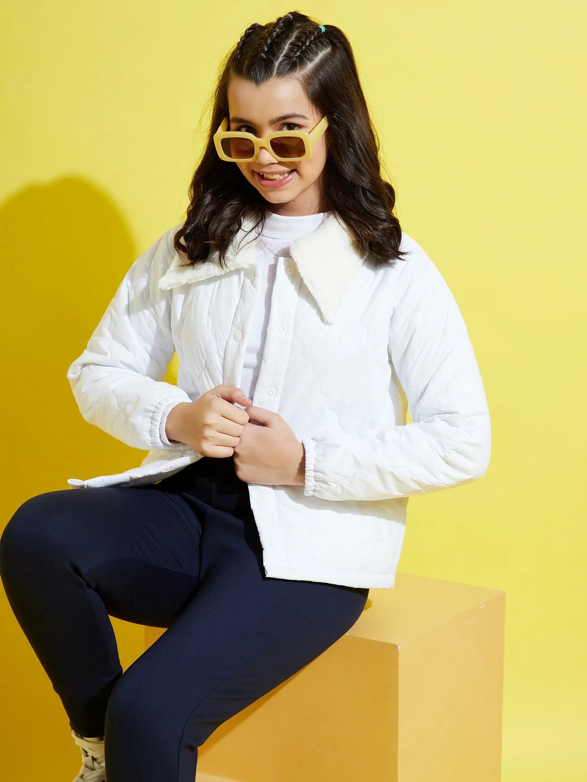 Girls White Fur Collar Quilted Jacket - Kids Clothing