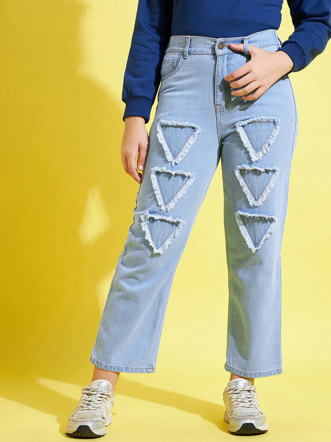 Girls Ice Blue Triangle Patch Jeans | Kids Clothing