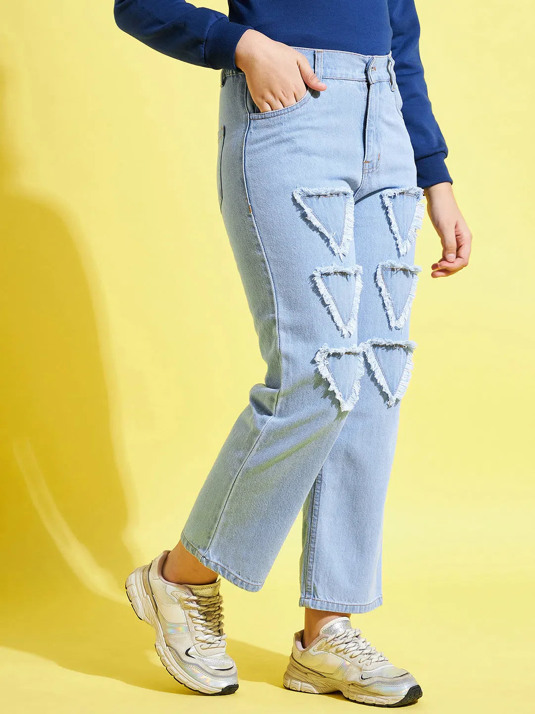 Girls Ice Blue Triangle Patch Jeans | Kids Clothing