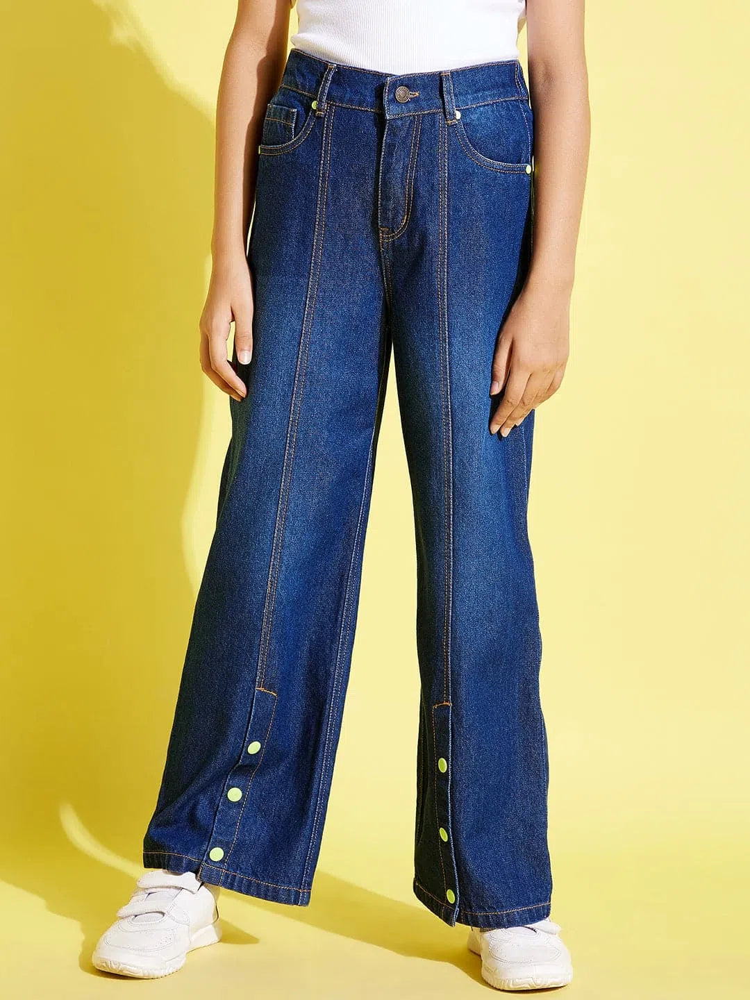 Girls Blue Snap Button Jeans | Straight Leg Denim Kids Clothing