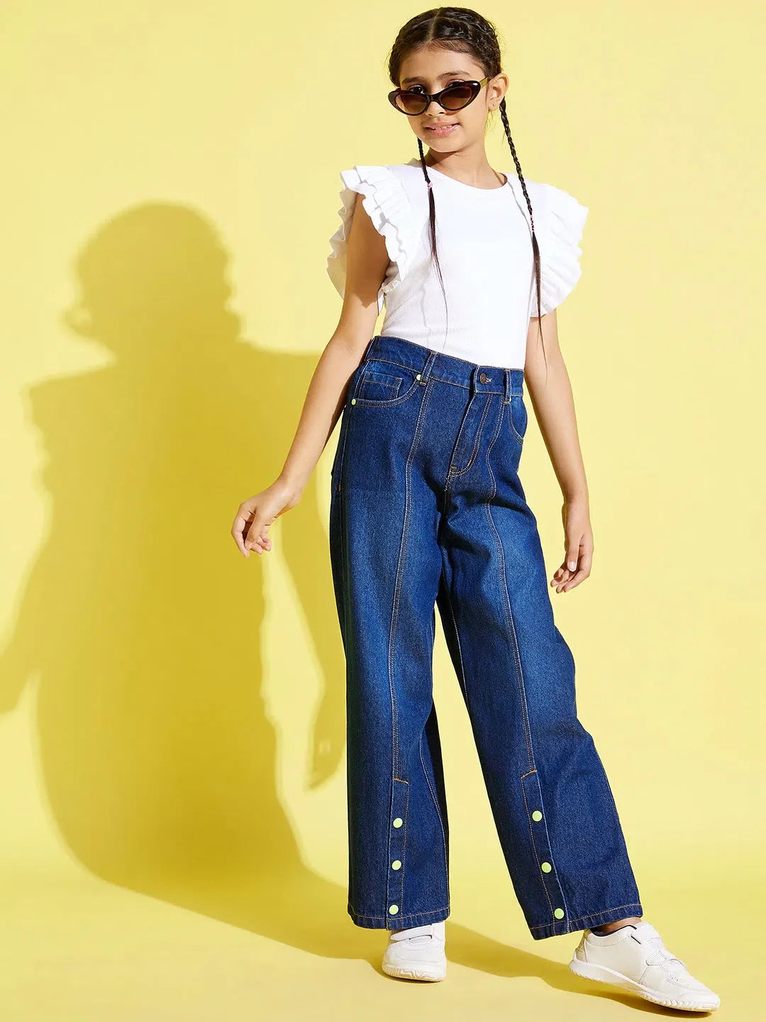 Girls Blue Snap Button Jeans | Straight Leg Denim Kids Clothing