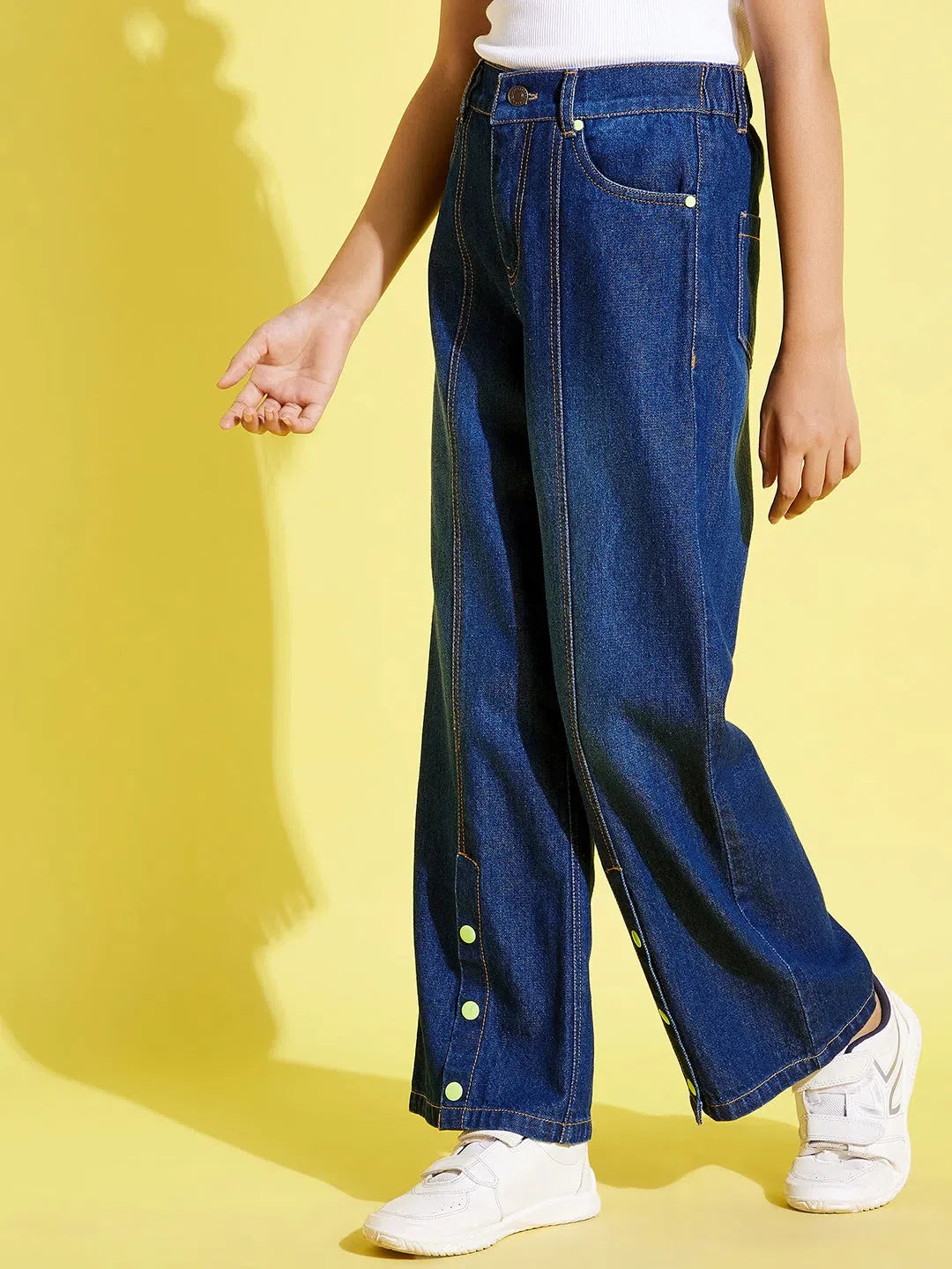 Girls Blue Snap Button Jeans | Straight Leg Denim Kids Clothing