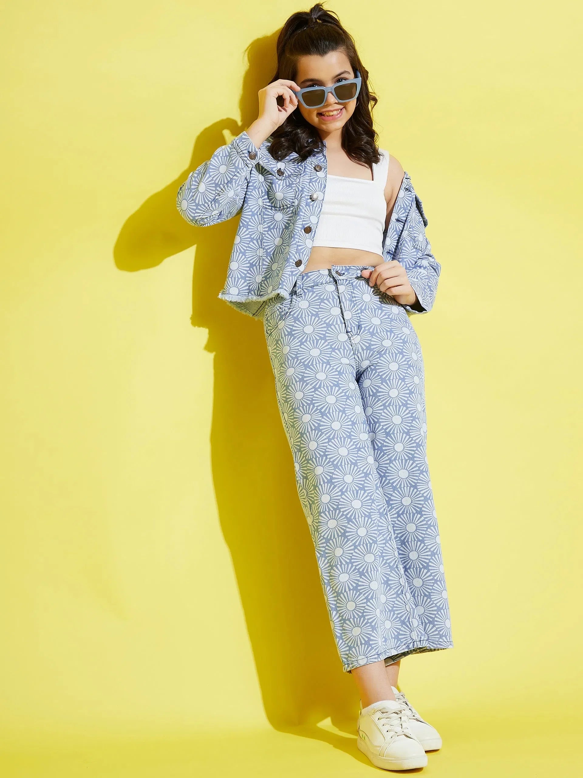 Girls Blue Floral Print Jeans | Stylish Kids Clothing Online