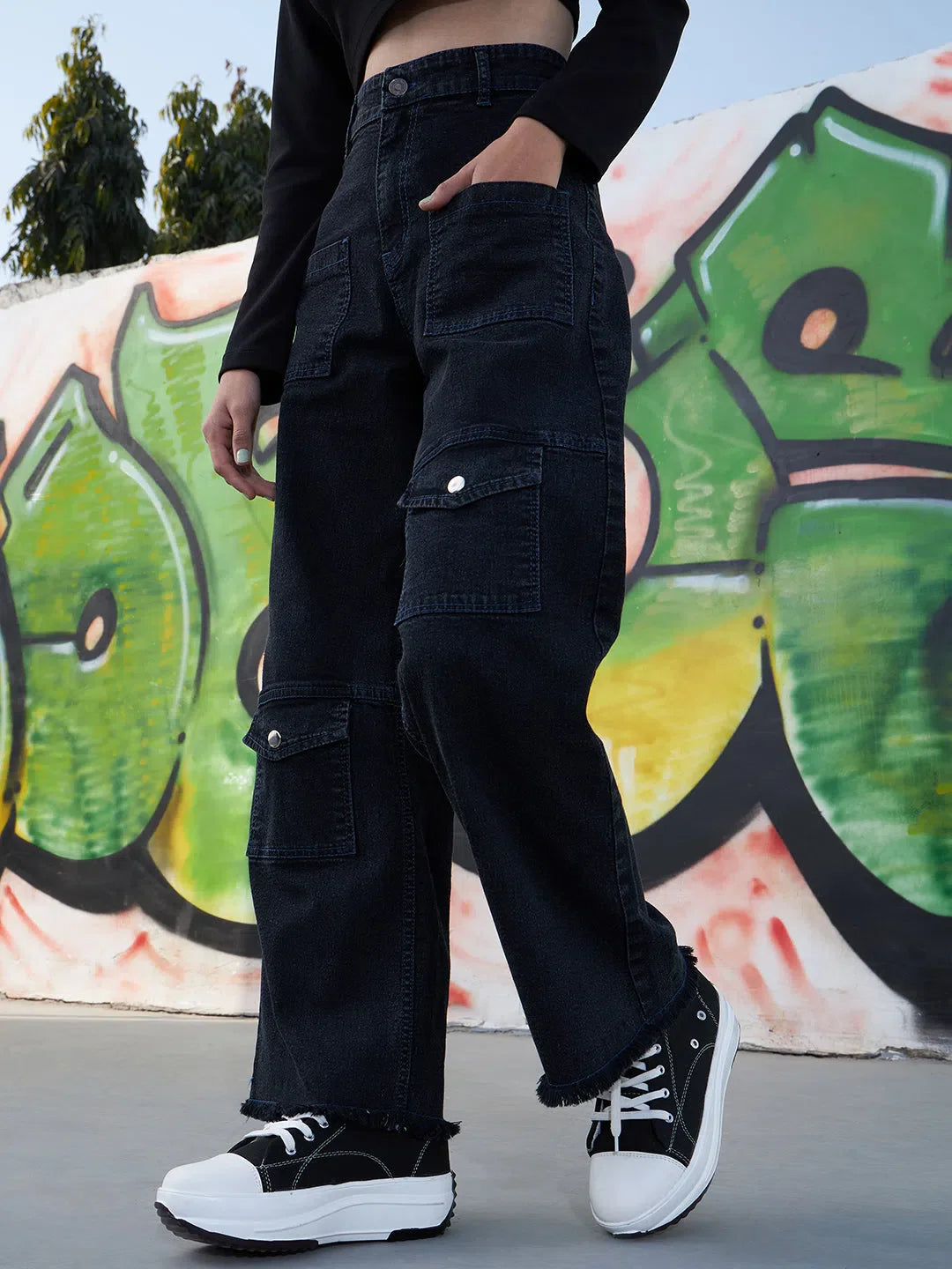 Black Acid Wash Girls Jeans - Raw Hem, Kids Clothing Online