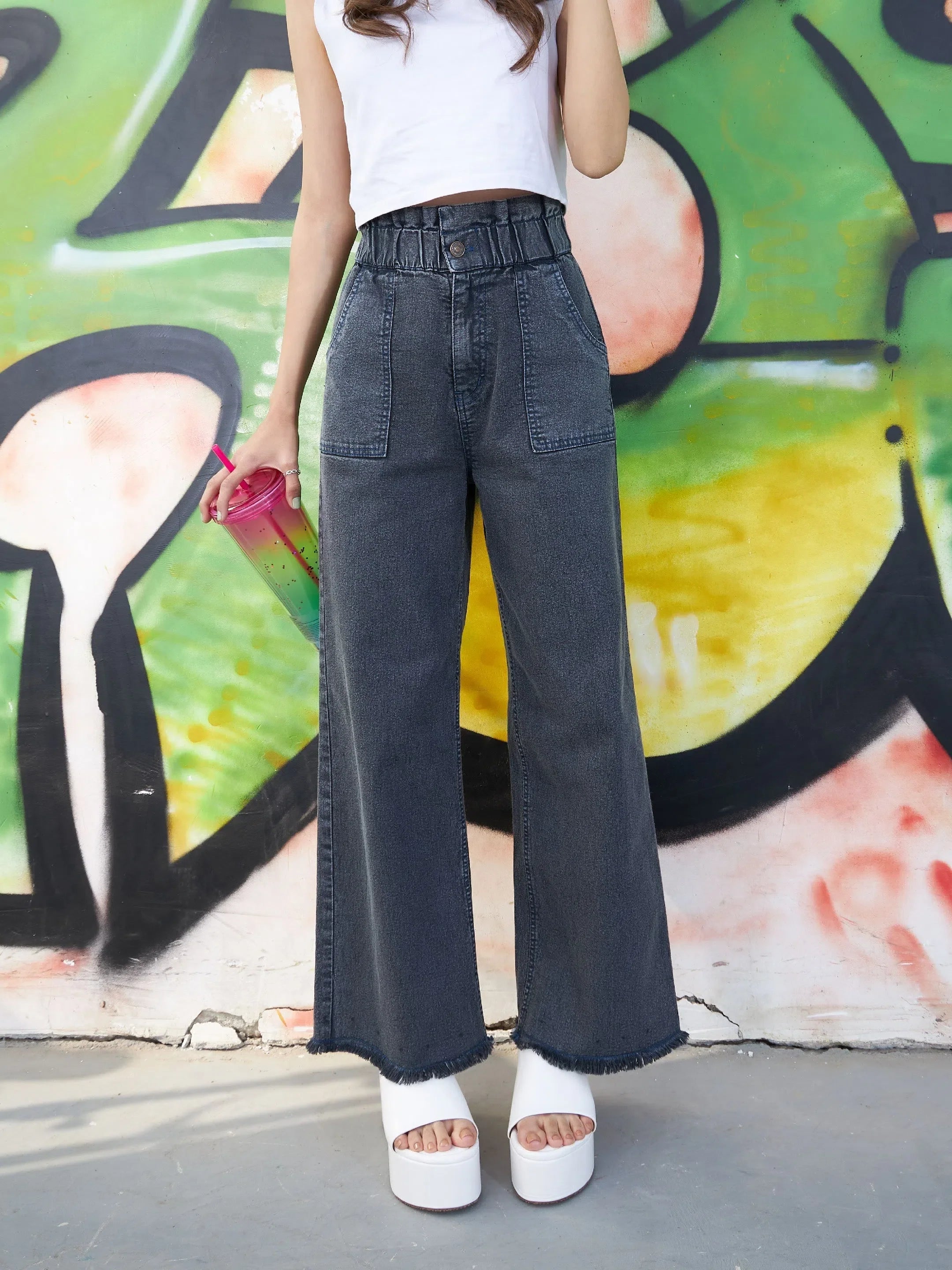 Black Paper Bag Waist Girls Jeans - Stylish Kids Clothing