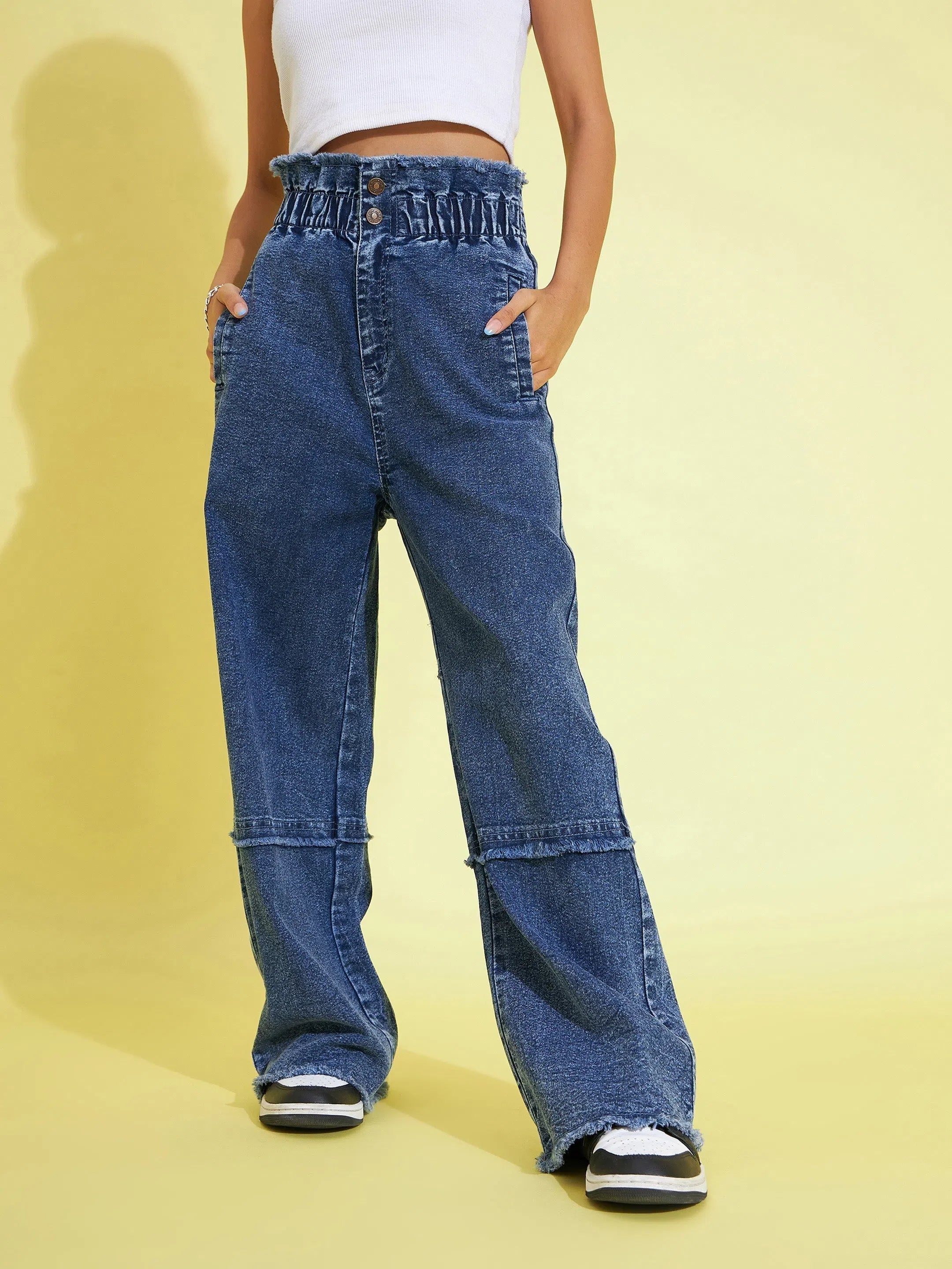 Girls Blue Acid Wash Jeans - Paper Bag Waist, Kids Clothing