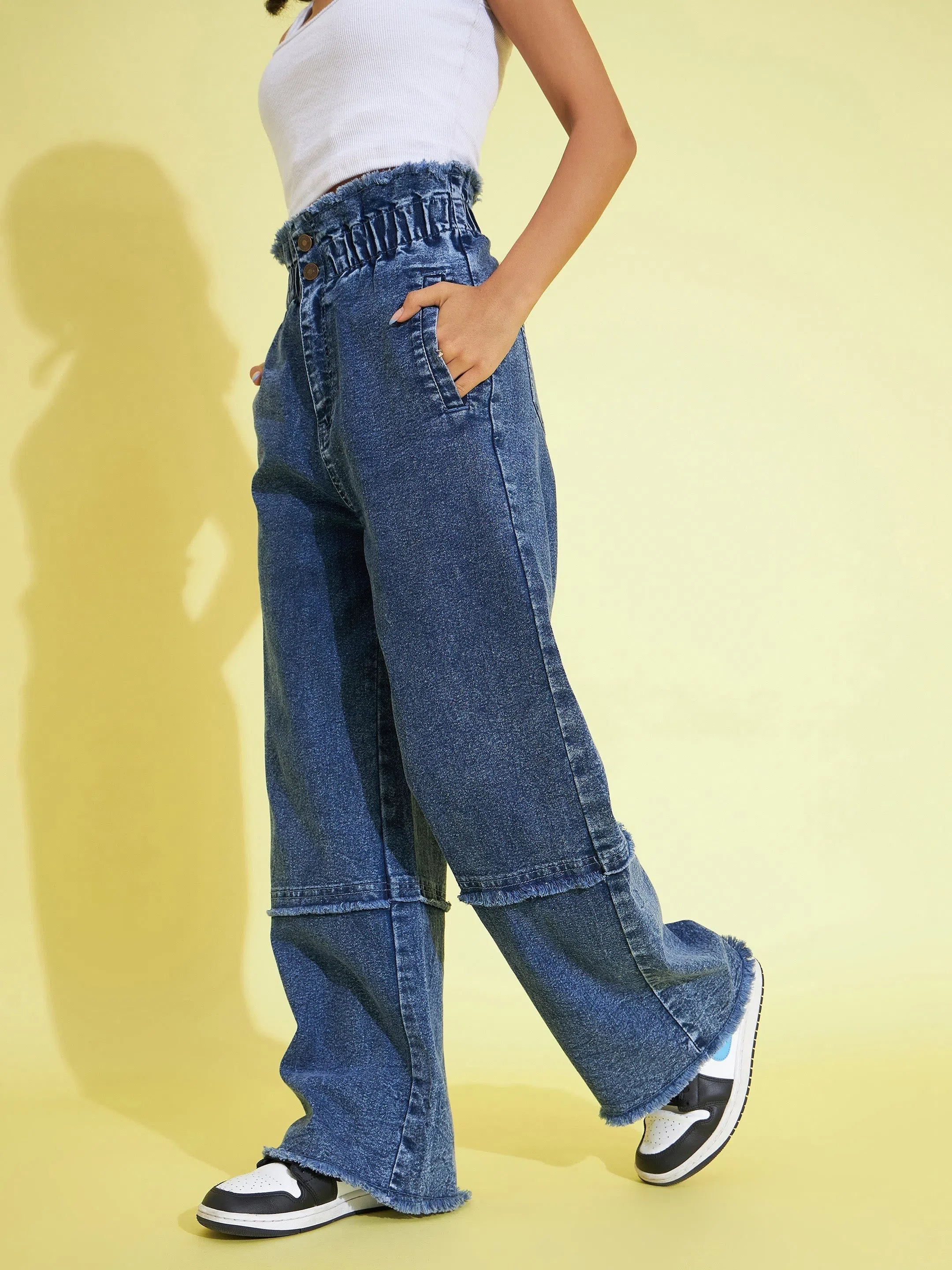 Girls Blue Acid Wash Jeans - Paper Bag Waist, Kids Clothing