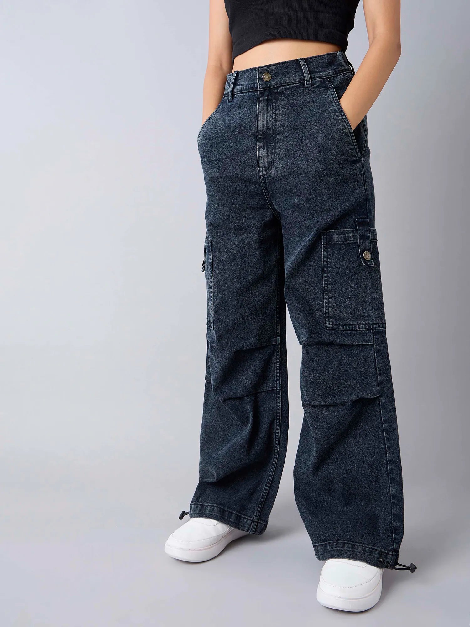 Girls Black Acid Wash Cargo Jeans - Kids Clothing