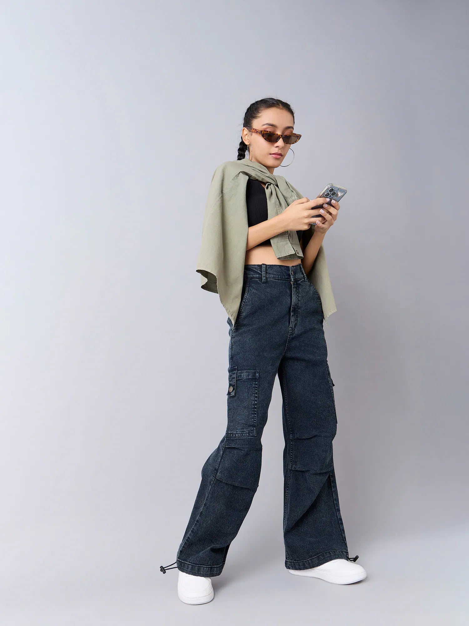 Girls Black Acid Wash Cargo Jeans - Kids Clothing