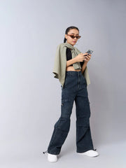 Girls Black Acid Wash Side Pintuck Cargo Jeans-NVJEAN0598