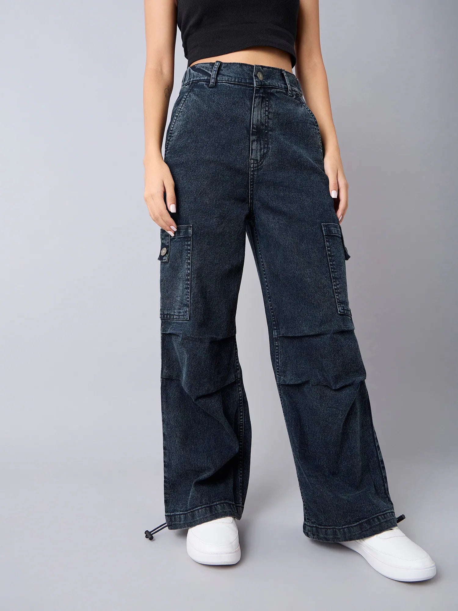 Girls Black Acid Wash Cargo Jeans - Kids Clothing