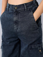 Girls Black Acid Wash Side Pintuck Cargo Jeans-NVJEAN0598