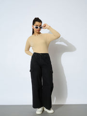 Girl Jet Black Denim Side Pocket Straight Jeans-NVJEAN0646