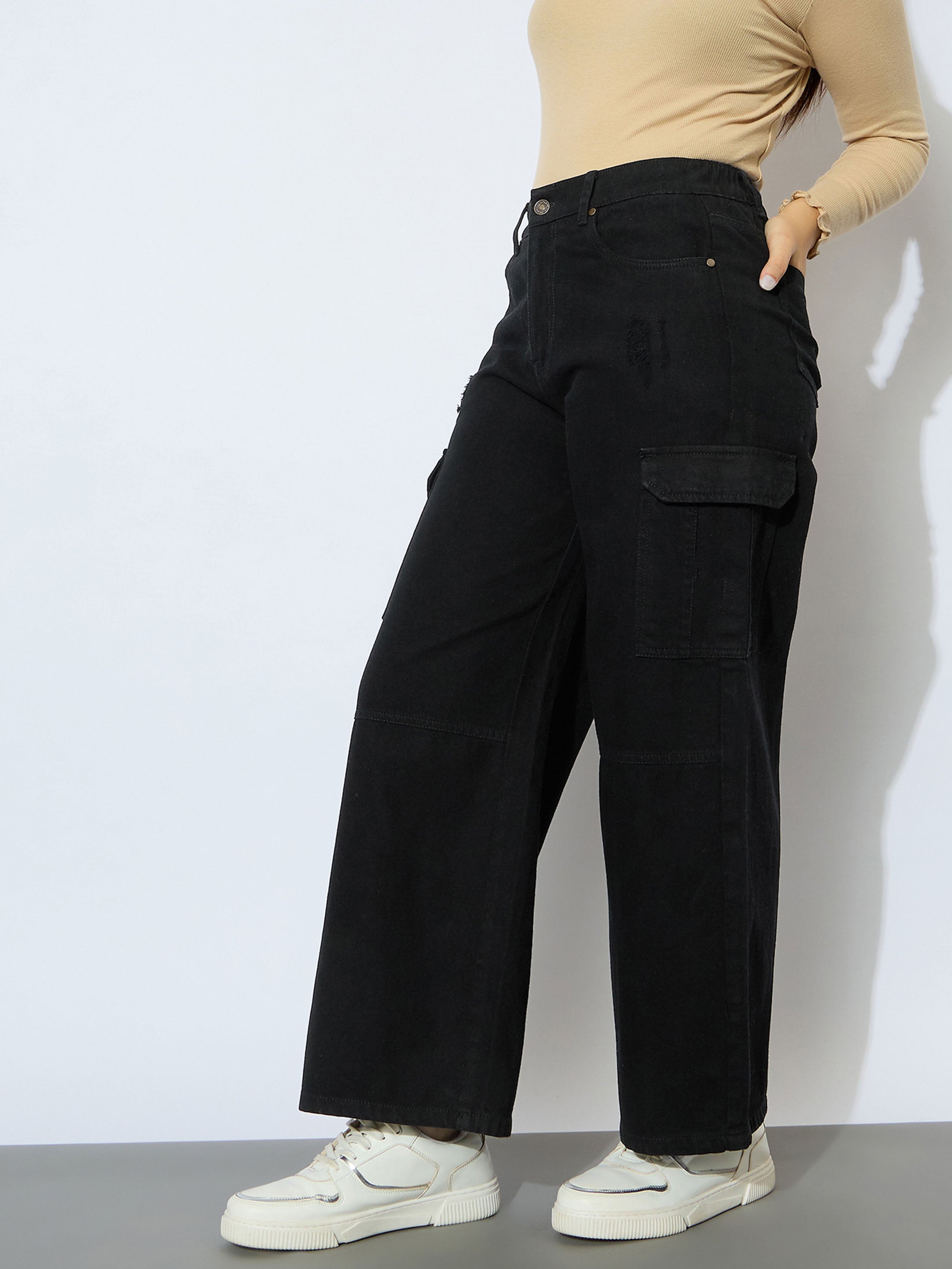 Girl Jet Black Denim Side Pocket Straight Jeans-NVJEAN0646