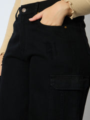 Girl Jet Black Denim Side Pocket Straight Jeans-NVJEAN0646