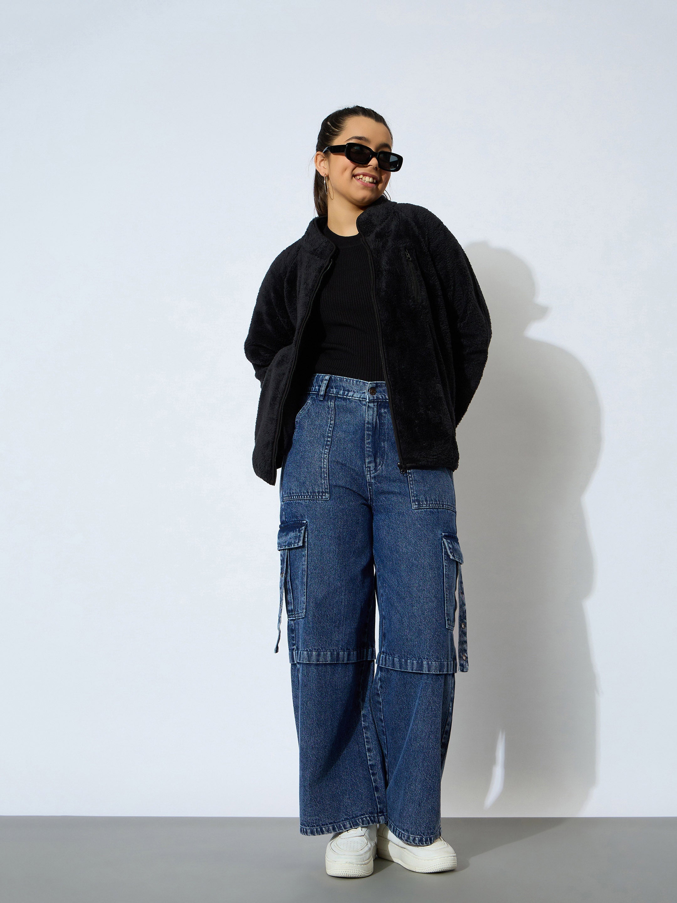 Girl Blue Wash Denim Side Pockets Cargo Jeans-NVJEAN0648