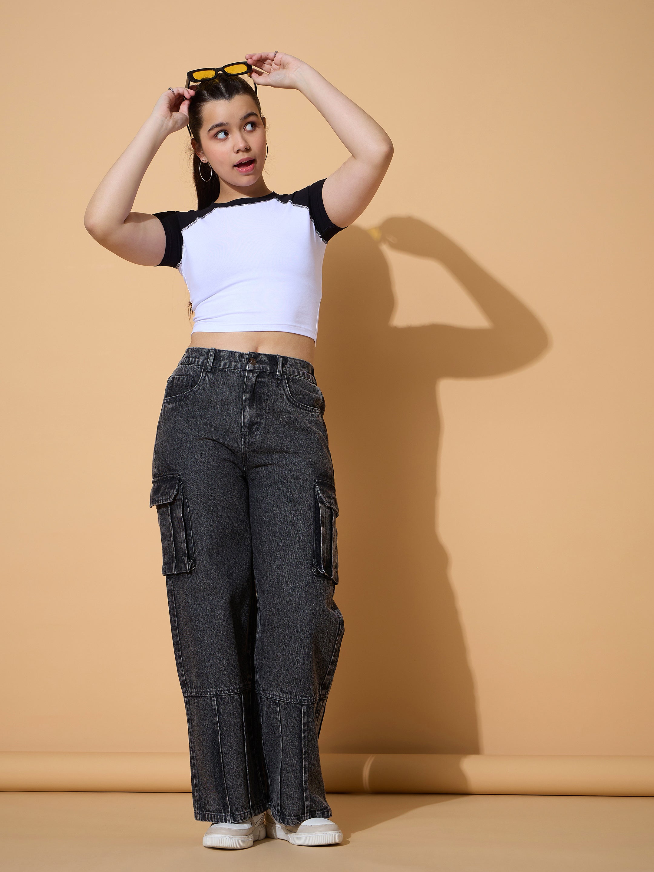 Girls Black Wash Hem Pin Tuck Straight Jeans-NVJEAN0729