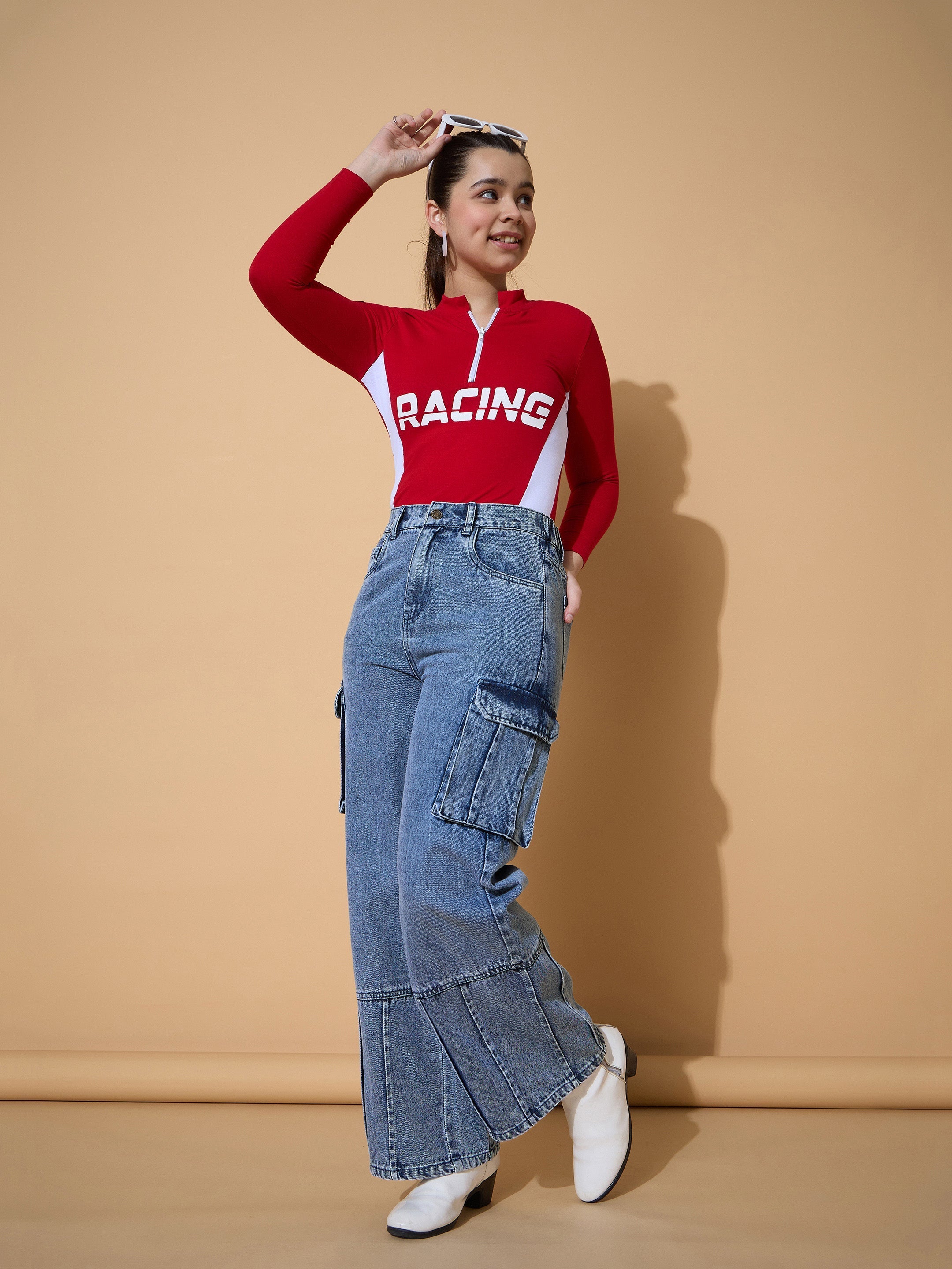 Girls Blue Wash Hem Pin Tuck Straight Jeans-NVJEAN0730