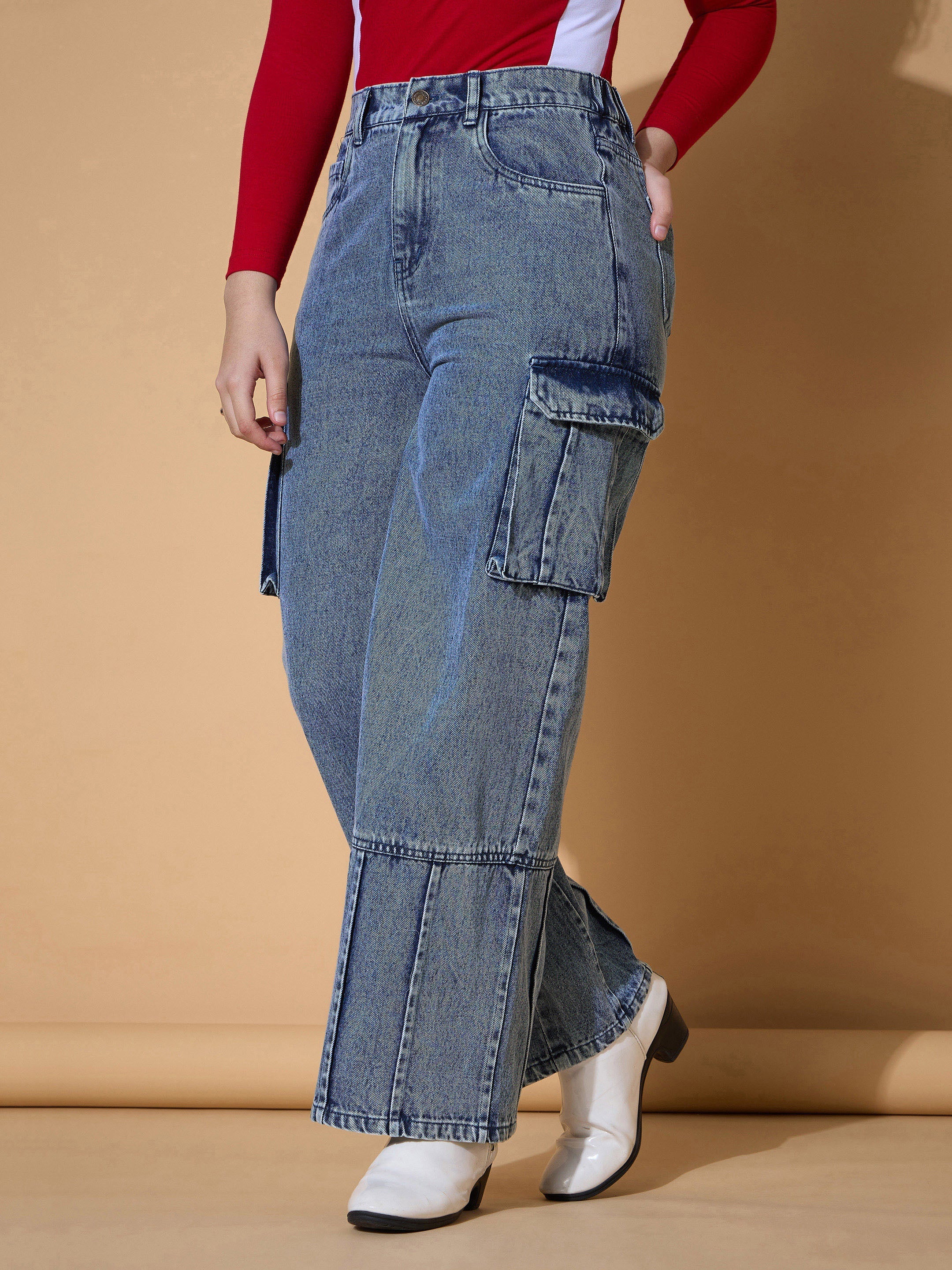 Girls Blue Wash Hem Pin Tuck Straight Jeans-NVJEAN0730