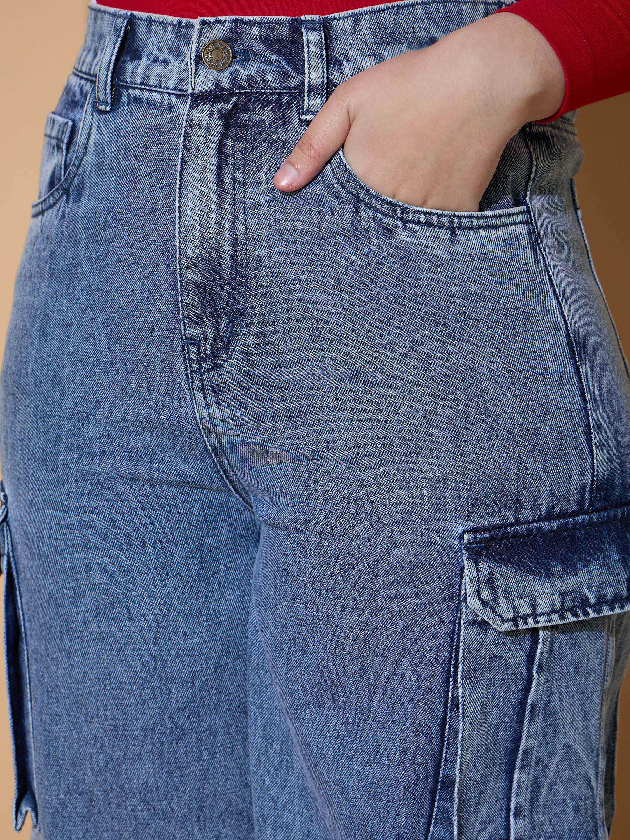 Girls Blue Wash Hem Pin Tuck Straight Jeans-NVJEAN0730