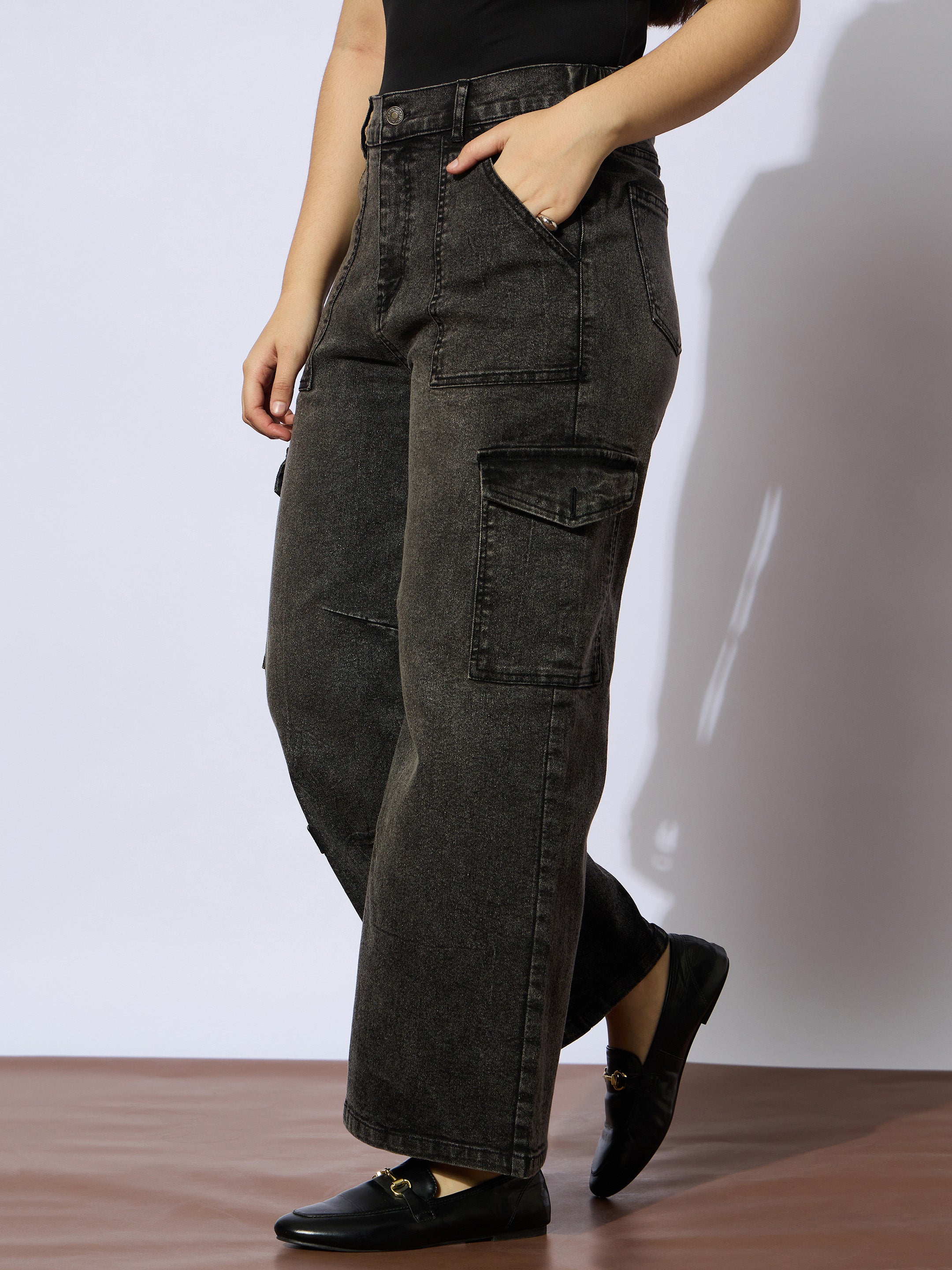 Girls Black Wash Multi Pockets Straight Jeans-NVJEAN0731