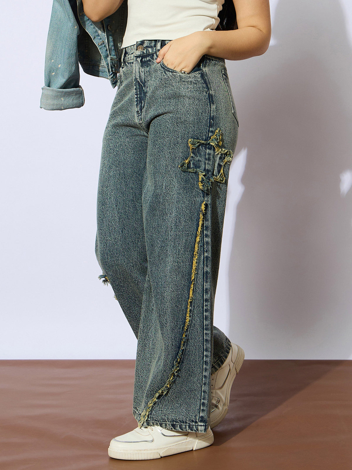 Girls Yellow Wash Front Distressed Straight Jeans-NVJEAN0733